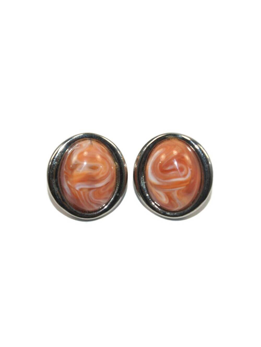 Vintage Oval Silver Tone and Faux Marbled Jasper Stud Earrings.
